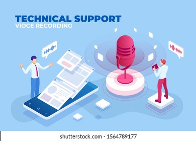 Isometric technical support vioce recording and digital sound wave concept. Musical melody design. Soundwave audio music. Voice message or recording voice.