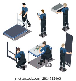 Isometric IT Technician Characters Set with Different Working Poses