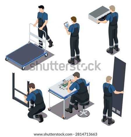 Isometric IT Technician Characters Set with Different Working Poses