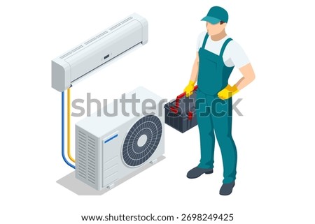 Isometric technician with HVAC system. Concept of air conditioning installation, heating, and cooling maintenance service.