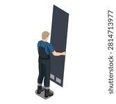 Isometric IT Technician Installing Server Rack Side Panel