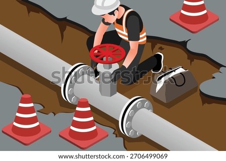 Isometric Technicians repairing underground water pipeline beneath city road to ensure efficient utility service and prevent infrastructure disruption, suitable for digital asset about pipeline