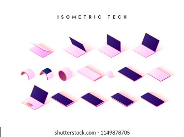 Isometric technique isolated on white background. Flat computer, tablet, phone. Modern bracelet and portable battery charge.