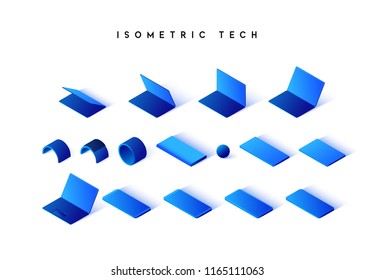 Isometric technique isolated on white background. Flat computer, tablet, phone. Modern bracelet and portable battery charge.