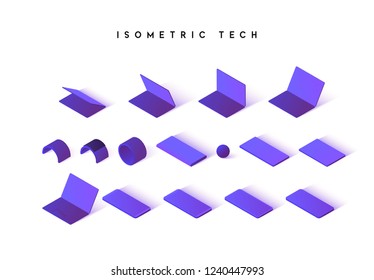 Isometric technique isolated on white background. Flat computer, tablet, phone. Modern bracelet and portable battery charge. Vector illustration 
