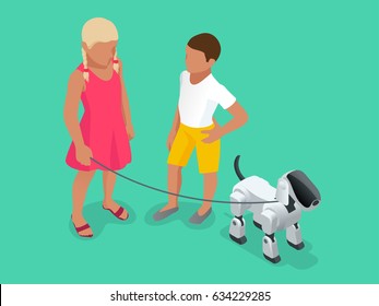 Isometric Techno Robot concept. A girl and a boy on a walk with a robot dog.
