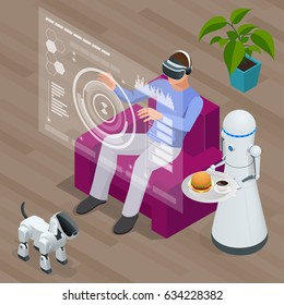 Isometric Techno Robots and Man sitting on sofa at home wearing Virtual Reality Headset. Technology, cyberspace and people concept 