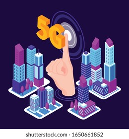 Isometric technologies future 5g internet composition with image of human finger pushing button with tall buildings skyscrapers vector illustration