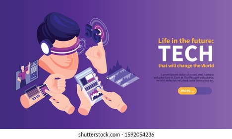 Isometric technologies future horizontal banner with slider button text and images of wearable electronic devices vector illustration