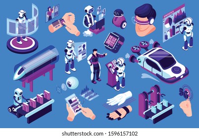 Isometric technologies future robot set of isolated robots and human characters high speed transport and gadgets vector illustration