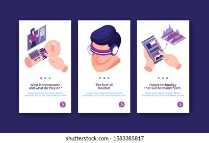 Isometric Technologies Future Vertical Banner With Page Switch Buttons Text And Human Body Parts With Electronic Gadgets Vector Illustration