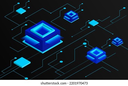 Isometric technology 3d design. Abstract futuristic cubes design and different geometric shapes. Digital and artificial intelligence. Blockchain tech. Vector illustration