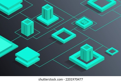 Isometric technology 3d design. Abstract futuristic cubes design and different geometric shapes. Digital and artificial intelligence. Blockchain tech. Vector illustration