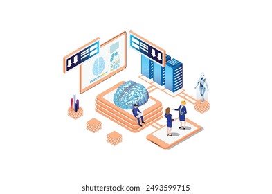 Isometric technology artificial intelligence robot learning illustration, Web Banner, Suitable for Diagrams, Infographics, Book Illustrations, Game Assets and Other Graphic Related Assets