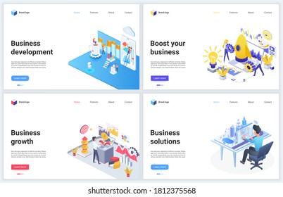 Isometric technology for business development vector illustration. Cartoon 3d mobile website design concept banner set for businessman developing project startup process, successful financial solution