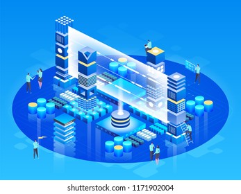 Isometric technology concept. Database Network Management. Big Data processing, energy station of future. IT Technician Turning Server. Cloud service. Digital information. Vector illustration