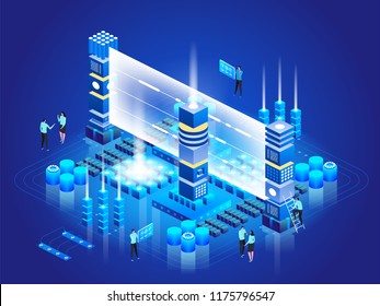 Isometric technology concept. Database Network Management. Big Data processing, energy station of future. IT Technician Turning Server. Cloud service. Digital information. Vector illustration
