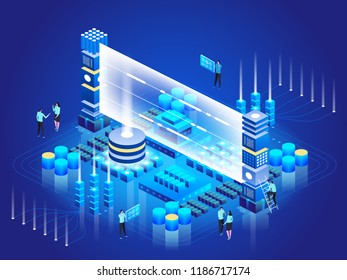 Isometric technology concept. Database Network Management. Big Data processing, energy station of future. IT Technician Turning Server. Cloud service. Digital information. Vector illustration