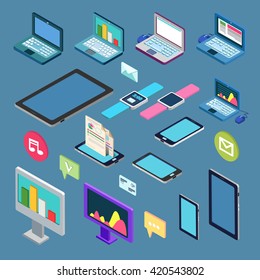 Isometric Technology. Electronic Device Set with Laptop, Tablet, Smartphone, Smart Watch. Vector flat 3d illustration