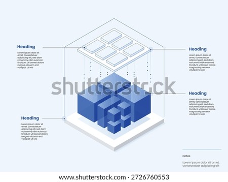 Isometric technology infographic. Modular 4 step blocks, cloud computing layers and data flow connections. Four Blockchain cybersecurity, software architecture, digital transformation. DeFi platform