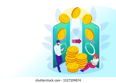 Isometric technology online banking money transfer, e-commerce concept. Mobile payments, mobile banking.