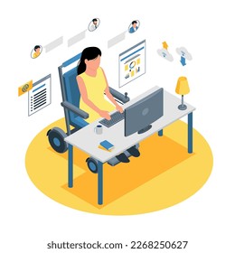 Tecnología isométrica para la composición de personas con visión de personaje femenino en silla de ruedas trabajando en ilustración de vector de tabla