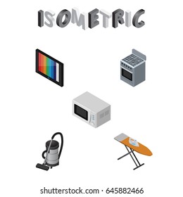 Isometric Technology Set Of Cloth Iron, Microwave, Vac And Other Vector Objects. Also Includes Vac, Board, Ironing Elements.