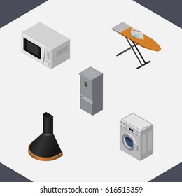 Isometric Technology Set Of Kitchen Fridge, Air Extractor, Cloth Iron And Other Vector Objects. Also Includes Laundry, Hood, Stove Elements.