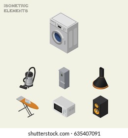 Isometric Technology Set Of Kitchen Fridge, Air Extractor, Music Box And Other Vector Objects. Also Includes Extractor, Vacuum, Machine Elements.