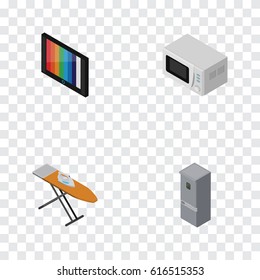 Isometric Technology Set Of Microwave, Cloth Iron, Kitchen Fridge And Other Vector Objects. Also Includes Tv, Ironing, Device Elements.
