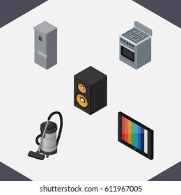 Isometric Technology Set Of Music Box, Kitchen Fridge, Vac And Other Vector Objects. Also Includes Cleaner, Vac, Music Elements.