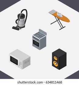 Isometric Technology Set Of Music Box, Stove, Vac And Other Vector Objects. Also Includes Vac, Cleaner, Microwave Elements.
