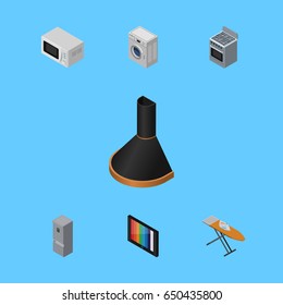 Isometric Technology Set Of Stove, Cloth Iron, Kitchen Fridge And Other Vector Objects. Also Includes Fridge, Hood, Stove Elements.