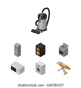Isometric Technology Set Of Stove, Microwave, Music Box And Other Vector Objects. Also Includes Ironing, Machine, Vac Elements.