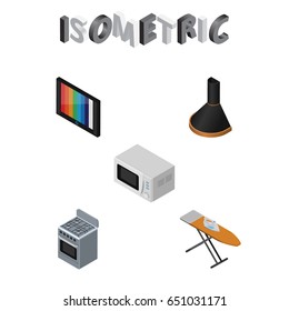 Isometric Technology Set Of Television, Cloth Iron, Stove And Other Vector Objects. Also Includes Extractor, Cooker, Device Elements.