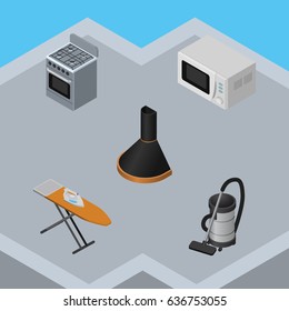 Isometric Technology Set Of Vac, Air Extractor, Cloth Iron And Other Vector Objects. Also Includes Hood, Kitchen, Extractor Elements.