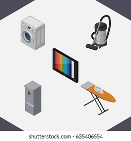 Isometric Technology Set Of Vac, Television, Cloth Iron And Other Vector Objects. Also Includes Cloth, Laundry, Fridge Elements.
