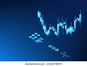 Isometric technology stock graph Candlestick style It shows the price, status of the company, growth, profit and loss. So that investors can decide to invest in expanding the business in the future.