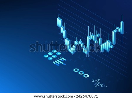 Isometric technology stock graph Candlestick style It shows the price, status of the company, growth, profit and loss. So that investors can decide to invest in expanding the business in the future.