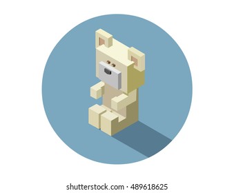 Isometric Teddy bear icon, children's toy, geometric design 