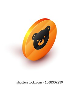 Isometric Teddy bear plush toy icon isolated on white background. Orange circle button. Vector Illustration