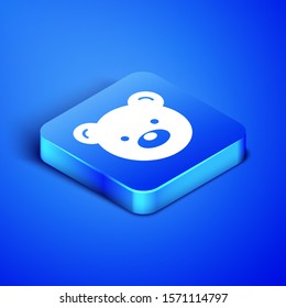 Isometric Teddy bear plush toy icon isolated on blue background. Blue square button. Vector Illustration