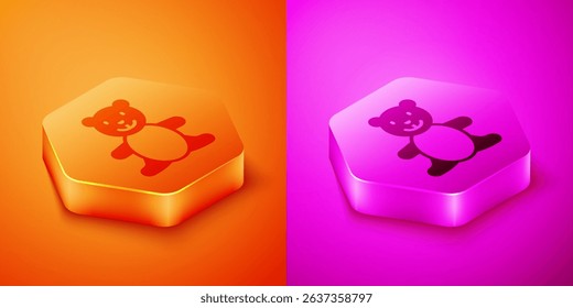 Isometric Teddy bear plush toy icon isolated on orange and pink background. Hexagon button. Vector