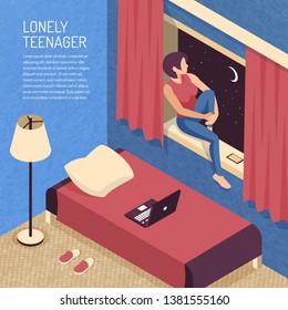Isometric teenager background composition with view of domestic bedroom interior and teenage girl sitting on sill vector illustration