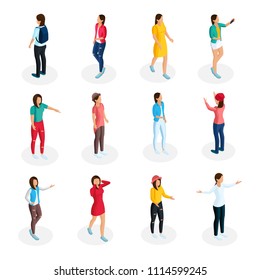 Isometric teenagers collection with young girls wearing casual outfit and standing in various poses isolated vector illustration