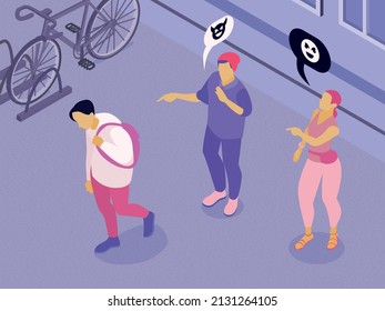 Isometric teenagers parents composition with outdoor scenery and characters of teens bullying mate with thought bubbles vector illustration