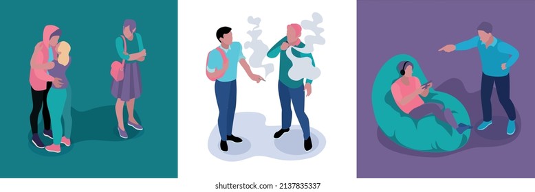 Isometric teenagers parents design concept with three square compositions of kissing smoking and arguing human characters vector illustration