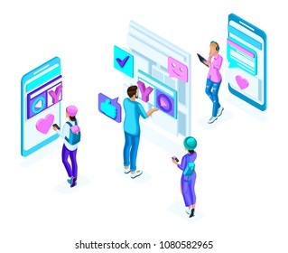 Isometric teenagers, use gadgets, phones, generation Z, colorful concept of social networking correspondence, a set of holographic people.