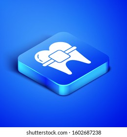 Isometric Teeth with braces icon isolated on blue background. Alignment of bite of teeth, dental row with with braces. Dental concept. Blue square button. Vector Illustration