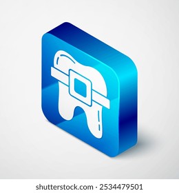 Isometric Teeth with braces icon isolated on grey background. Alignment of bite of teeth, dental row with with braces. Dental concept. Blue square button. Vector